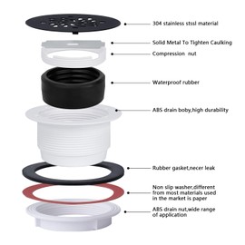 Uni-Green 4-1/4 inch Round Shower Base Drain - 2" Pipe No Caulk PVC Compression Shower Drain 304 Stainless Steel with Waterproof Rubber - Matte Black Strainer for Bathroom - For Shower Base,Shower Pan