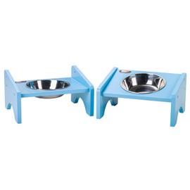 Elevated Cat Bowls,2 Stainless Steel Pet Food Water Feeder,15°Tilted Raised Pet Dish, Slanted Dog Bowl with Wood Stand for Kitty and Puppy,Wide 5.51" (Blue)