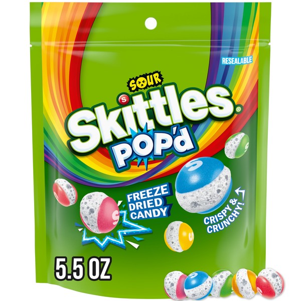 SKITTLES POP'd Sour Freeze Dried Candy, 5.5 Oz Resealable Candy