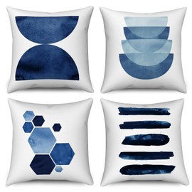 Hnmdmyi Blue Cushion Covers 40 x 40 cm Set of 4, Boho Abstract Navy Blue Geometric Decorative Throw Pillow Covers Minimalist Modern Art Aesthetic Linen Pillowcases for Sofa Couch Outdoor Home Decor