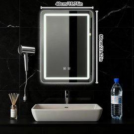 LED Bathroom Mirror, 16 x 24 Inch Anti-Fog Bathroom Mirror with Lights, Stepless Dimmable Lighted Bathroom Mirrors for Wall, Rectangle Bathroom Vanity Mirror with Front and Backlight, Vertically Only
