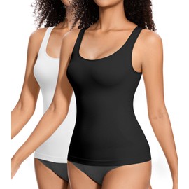 ONEW Compressions Tank Top for Women Tummy Control Shapewear Top Waist Trainer Cami Vest with Wide Straps 2Packs(Black+White) XL
