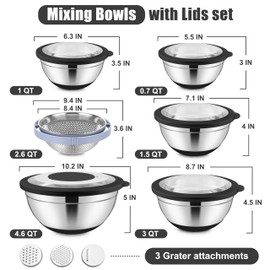 E-far Mixing Bowls with Lids Set, 15PCS Stainless Steel Mixing Nesting Bowl with Colander & 3 Metal Grater for Kitchen Prep/Baking/Storage, Non-Slip Bottom & Airtight Lid, 4.6, 3, 1.5, 1, 0.7QT, Black