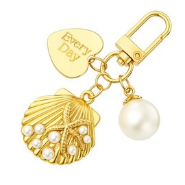 DONWOIE Ocean-Inspired Keychain with Shell & Pearl Pendant – Romantic Heart Tag Key Chains, Gold Metal Hook, Perfect for Keys & Bags, Cute Keychains Gift for Ocean Lovers Women Girls