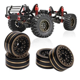 RC Wheels Tires for Traxxas 1/18 SCX24 FMS24 1/24, 4pcs Beadlock RC Wheel Rim, Brass Rim Rubber Tires, Increased RC Car Stability, Easy to Install