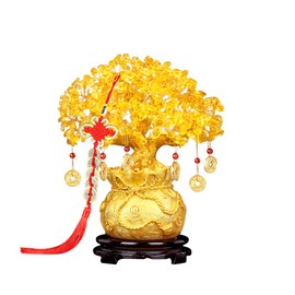 Beneficial Tree Urn Shape Golden Tree Citrine Feng Shui Figurine Gold Blessing Interior Praying for Money Good Luck Praying for Prosperous Business Power Stone Thank You New Year Gift (Benzai Tree 02)