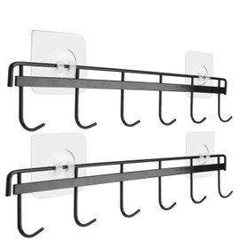 YiZhi Adhesive Wall Hooks Rack Kitchen Rail, Space Saving Utensil Holder No Drilling Wall Mounted Accessory Hanger with 6 Hooks for Kitchen Bathroom Bedroom Pack of 2 (Black)