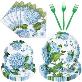 100 Pieces Blue Hydrangea Tableware Set Party Supplies – Floral Themed Disposable Dinnerware with Paper Plates, Napkins, and Forks for Birthdays, Weddings, Garden Parties – Serves 25
