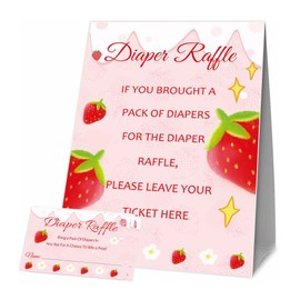 51Pcs Pink Strawberry Diaper Raffle Tickets with Standing Sign Baby Shower Games Kit A Berry Sweet Baby is On The Way Shower Supplies