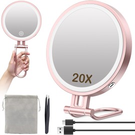 Travel Makeup Mirror with Lights,3000mAh Rechargeable 1X/20X Magnifying Mirror with Light, 7" Portable Lighted Beauty Mirror, Make Up Mirrors with 3 Light Colors, Dimmable Tabletop Handhold Hanging-G