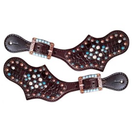 Showman Ladies SPUR STRAPS Alligator Dark Leather COPPER  TURQUOISE Beads