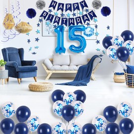 NANINUNENO 15th Birthday Party Decorations In Blue Boys And Girls, Supplies Happy Balloons With Banner, Numbers, Star Streams, Swirls Hanging
