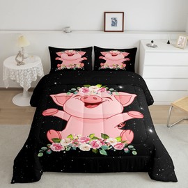 Erosebridal Pink Pig Comforter Set for Girls Kawaii Room Decor Twin, Rose Floral Leaf Duvet Insert for Kids Boys Children Cute Farm Animal Quilt Cartoom Style Soft Lightweight Bedding Set 2 Pieces