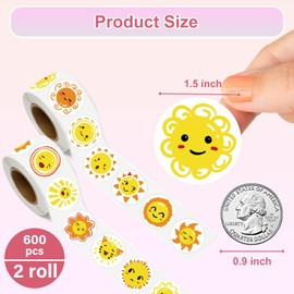 UVUXO 600 Pcs Sun Face Stickers Rolls for Kids-Round 1.5 Inch 16 Tyles Cute Smiley Face Kindergarten Stickers Teacher Stickers for Kids Birthday Party School Reward Giveaways