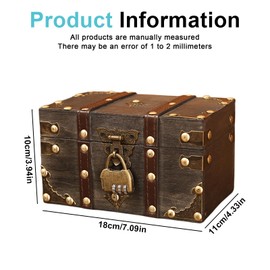 Sporgo Vintage Wooden Treasure Chest Small: Treasure Chest with Combination Lock, Children's Storage Jewellery Box, Wooden Box with Lid Treasure Chest for Storage and Decoration - 18 x 11 x 10 cm (1)