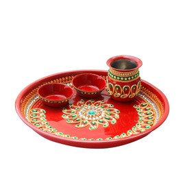 Pooja Thali with Kalash Plate Platter Decorative Puja Thali with Essential Pooja Articles for Aarti Pooja Rituals Festival Wedding Decorations (Size- 9")