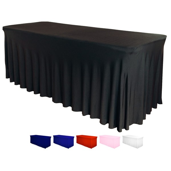 Table Skirt for Rectangular Tables 6ft - Spandex Table Covers for Standard 6 Foot Table - One Piece Fitted Elastic Tablecloth - Wrinkle Resistant Ruffles Design for Weddings, Party, Events (Black)