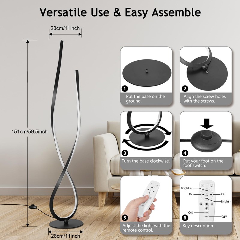 NUÜR Modern Spiral LED Floor Lamp, 59" Ultra-Bright Black Standing