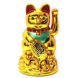 Monkey King Battery Powered GOLD Lucky Beckoning Waving Wealth Cat Kitty Maneki Neko 4" tall MK9904