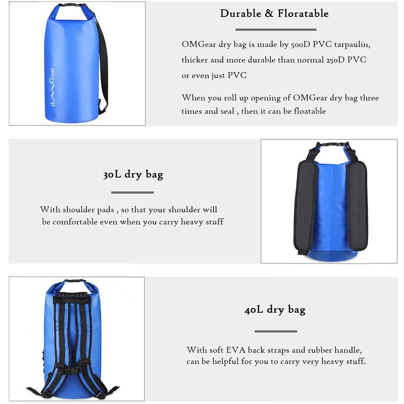 OMGear Waterproof Dry Bag Backpack Waterproof Phone Pouch 40L/30L/20L/10L/5L Floating