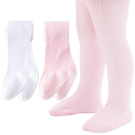 Baby Girl Tights Non Slip Baby Tights Warm Cotton Leggings 2-4 Years Seamless Pantyhose Non-Skid Grip for Toddler 2 Pack (White, Pink, L)
