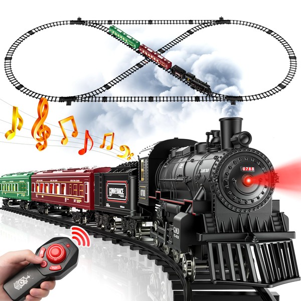 Hot Bee Train Set, Remote Control Train Toys w/Luxury Track & Glowing Passenger Carriages, Metal Electric Trains w/Smoke, Light & Sound, Toy Train Set for 3 4 5 6 7+ Years Old Boys Birthday Gifts