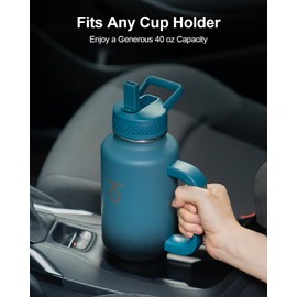 Trebo Insulated Water Bottle 40oz that Fits in Car Cup Holder with Spout Straw Lids, Stainless Steel Bottles Travel Flask with Handle, Metal Reusable Tumbler, Leakproof Keep Cold &Hot,Indigo/Black