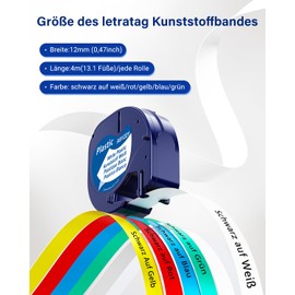 Aonomi Compatible with Dymo LetraTag Label Tape, Plastic, 12 mm x 4 m, Compatible with Dymo LT-100H, LT-110T, QX50, XR 2000 Labelling Device, Colour 5 Black on White/Yellow/Red/Green/Blue
