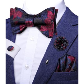 Dubulle Self Tie Burgundy Blue Bow Ties and Lapel Pin for Men Floral Mens Bowtie and Handkerchief Cufflinks Set Wedding