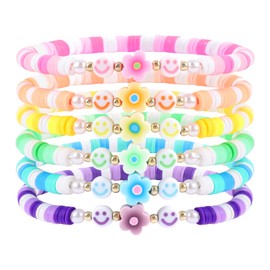 IDEAJOY Colorful Preppy Bracelets for Women Teenager, Flower Heishi Stretch Bracelet Y2k Bracelets Jewelry, Beaded Surfer Rainbow Bracelet Summer Beach Stackable Set