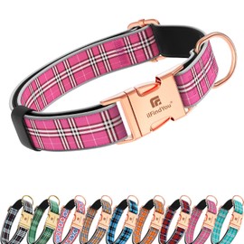 ILFindYou Reflective Plaid Dog Collar for Large Dogs, Rose Red-L