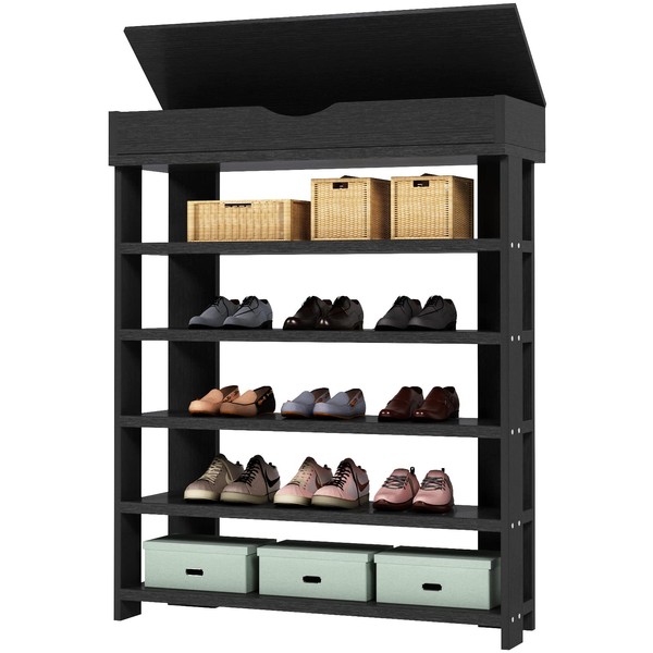 soges 5-Tier Wooden Shoe Rack with Storage Cabinet, 29.5 inches Vertical Free Standing Shoe Shelf, Shoe Organizer Storage Cabinet for Entryway, Living Room, Hallway, Doorway, Black