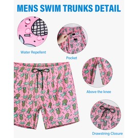 Gleeease Swim Trunks Men 7 Inch Mesh Liner Stretch Men's Bathing Suit Swimming Trunks for Men Beach Shorts Print Swim Shorts Pink Pineapple