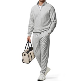 JMIERR Men Sport Sweatshirt 2 Piece Outfit Quarter Zip Polo Comfy Twill Jogger Set Tracksuit Running Long Sleeve, 2XL, Grey