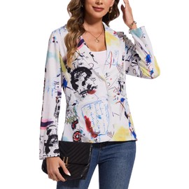 MINTLIMIT Women's Graphic Print Single Button Blazer Long Sleeve Work Office Blazers Jacket with Pocket (White, Size XL)