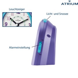Atrium Kinder Wecker Analog Quarz ohne Ticken mit Licht und Snooze Lila Violett Türkis A921-8