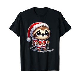 Sloth in Santa Suit on Skis Winter Sports T-Shirt