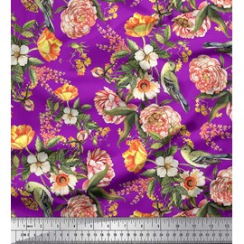 Soimoi Purple Moss Georgette Fabric Leaves,Bird & Peach Floral Print Fabric by The Yard 42 Inch Wide