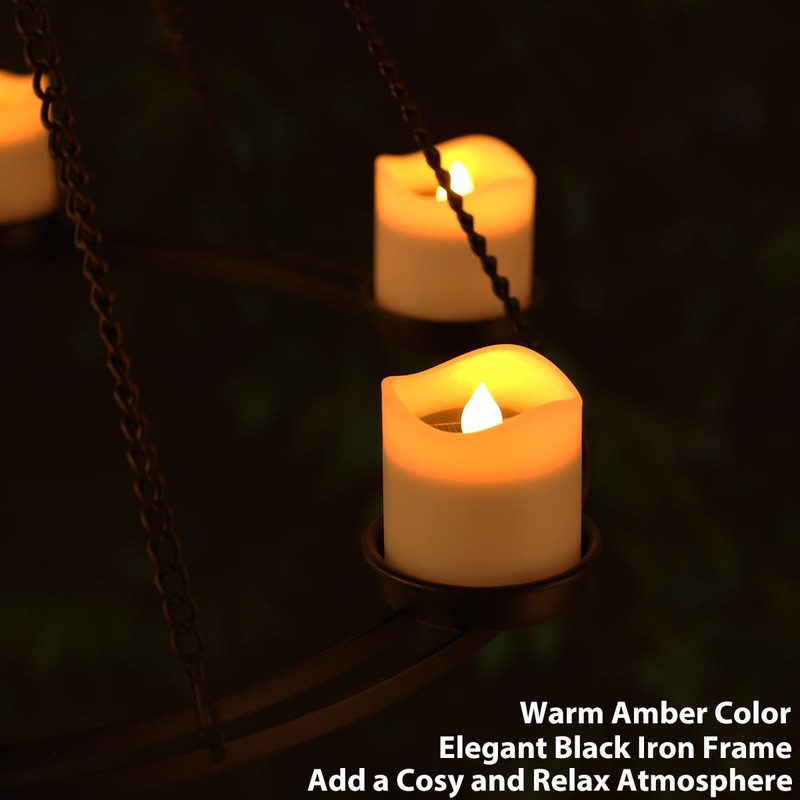 Outdoor Chandelier Solar, Hanging Candle Lantern with 7pcs Solar Powered