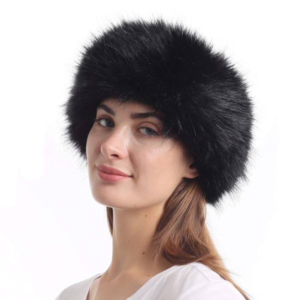 LA CARRIE Faux Fur Headband with Stretch Women's Winter Earwarmer Earmuff (Black)