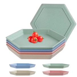 HUOMAQFAN 4 Pieces Deep Unbreakable Plastic Plates, Reusable Hexagonal Small Dinner Plates Set, Assorted Colors Dinnerware Sets for Kitchen, Microwave and Dishwasher Safe