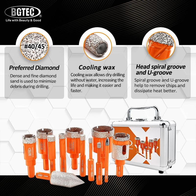 BGTEC Diamond Hole Saw Kit Marsonry Drill Bits, 10pcs 5/6/6/8/20/25/28/35mm
