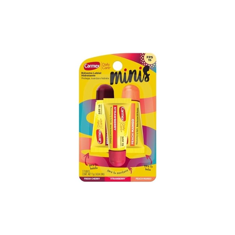 Bálsamo Labial Carmex Minis 3 Tubos Fresa, Cereza, Mango 5