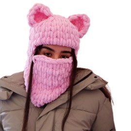 KLABELGIFT Pink Bear Ear Balaclava Mask – Handmade Crochet Ski Hood, Cute Kawaii Winter Hat, Cozy Face Cover for Women