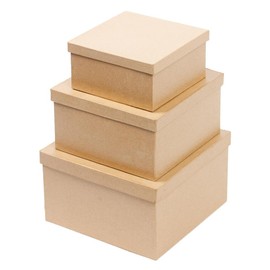 Paper Mache Square Craft Box Set - 3 Premade Papier Mache Cardboard Nested Square Shaped Boxes with Lids (8", 9" & 10") - Ready to Paint, Decoupage and Decorate
