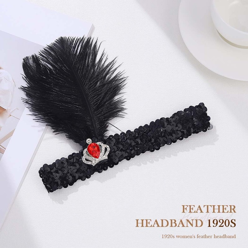 Handcess 1920s Flapper Feather Headband Black Feather Crystal Headband Women's