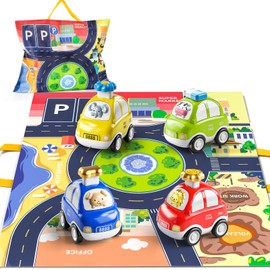 TEMI 4PCS Inertia Animal Car Toys with Play Mat/Storage Bag for Toddlers Toy Age 1-3, Baby Toys 1 2 3 Years Old Boys Birthday Newborn Gifts