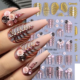 3 Sheets Halloween Nail Stickes 5D Embossed Halloween Nail Decals for Nail Art Designs Skeleton Hand Nail Art Stickers Gold White Pink Skeleton Nails Supplies for Women Nail Accessories