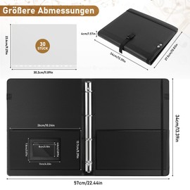 Irich Large music folder made of thick faux leather, 30 compartments/60 pages, A4 music folder for sheet music, 4 rings, black faux leather music folder with hand strap, music sheet chorus folder