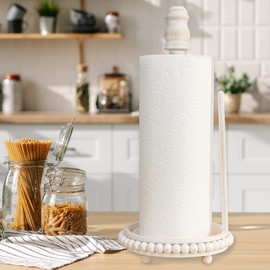 AuldHome Farmhouse Paper Towel Holder (White); Wood Beaded Rustic Disposable Towel Dispenser for Countertop